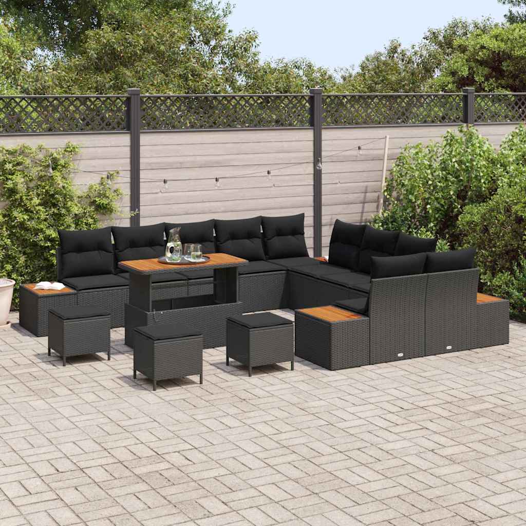 Garten-Sofa-Set mit Kissen mit Speicher Schwarz Poly Rattan